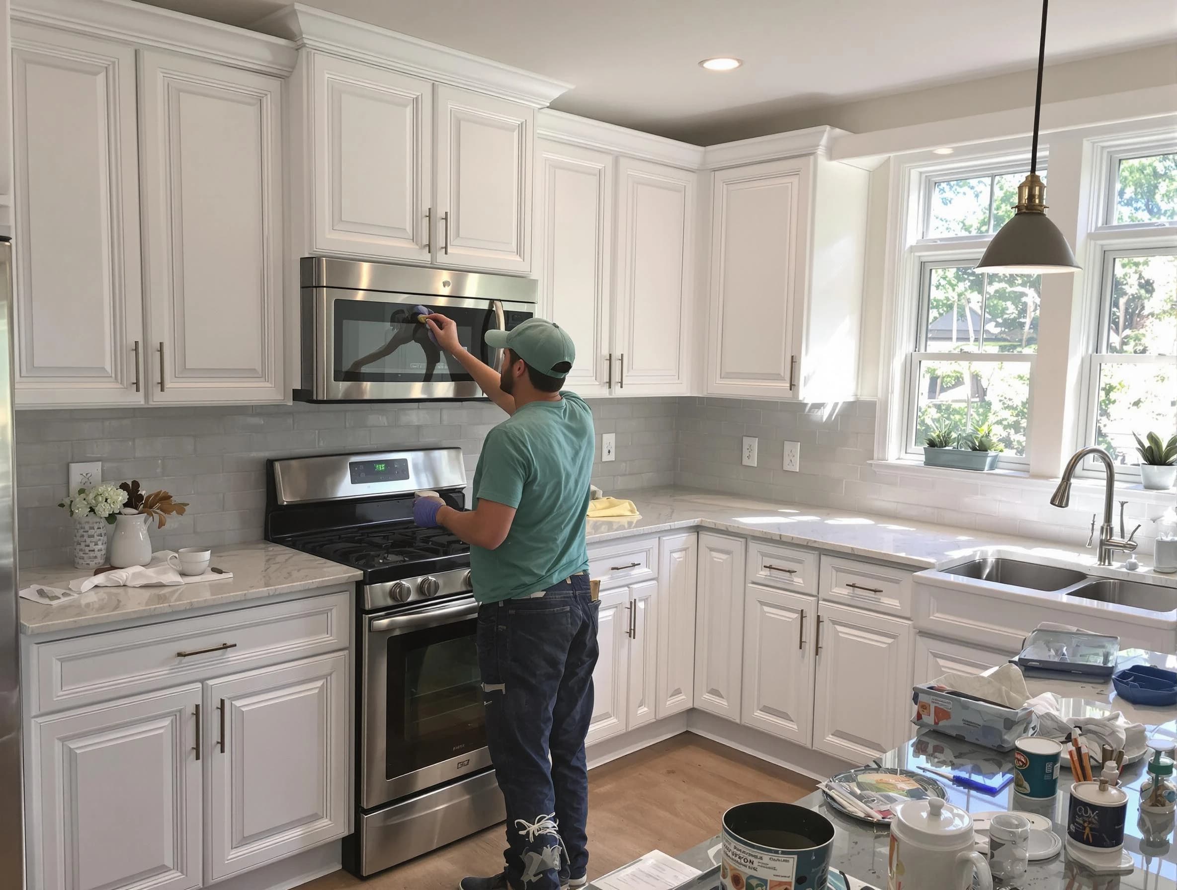 Kitchen cabinets being refinished by Mayfield Heights House Painters in Mayfield Heights, OH