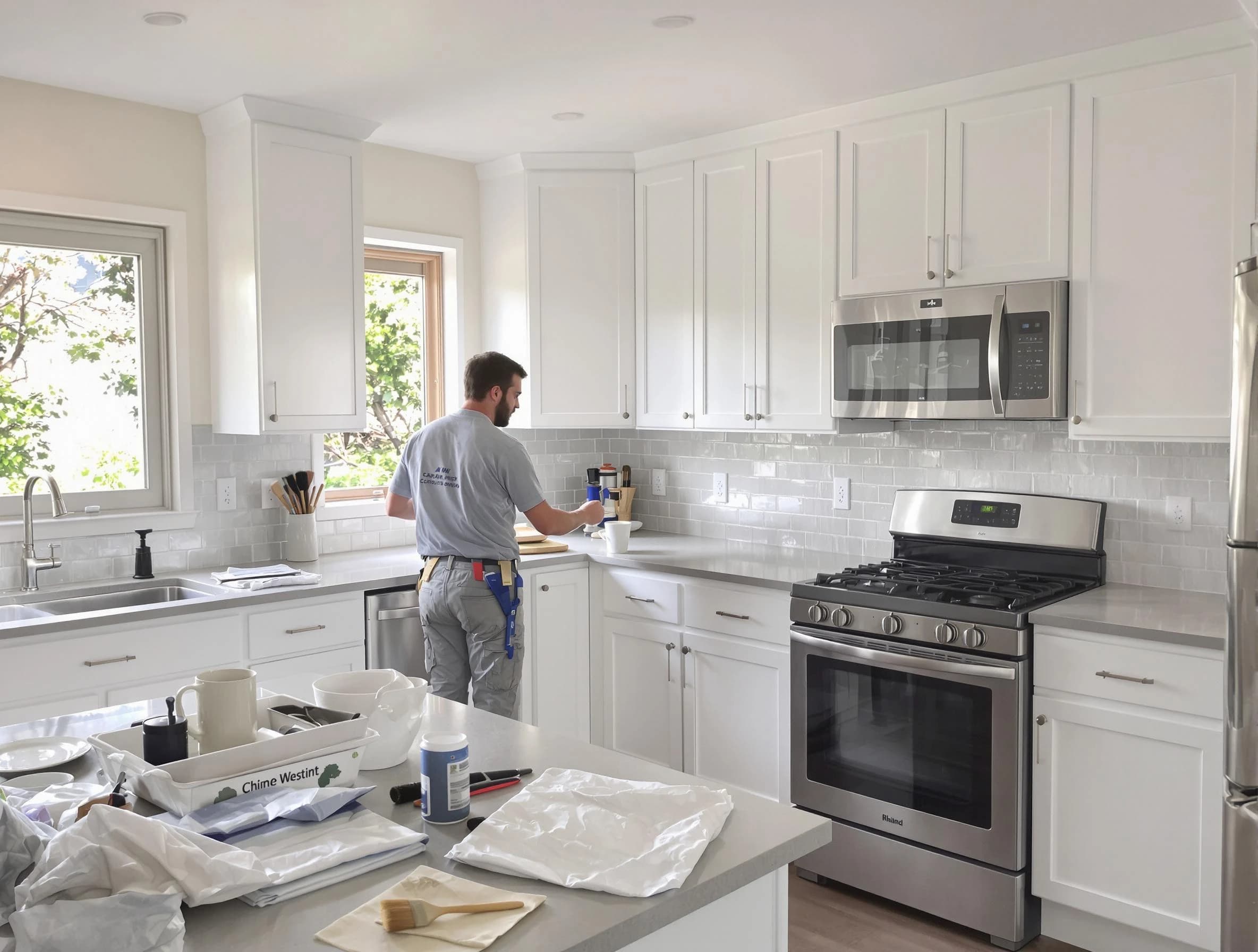 Mayfield Heights House Painters applying fresh paint on kitchen cabinets in Mayfield Heights