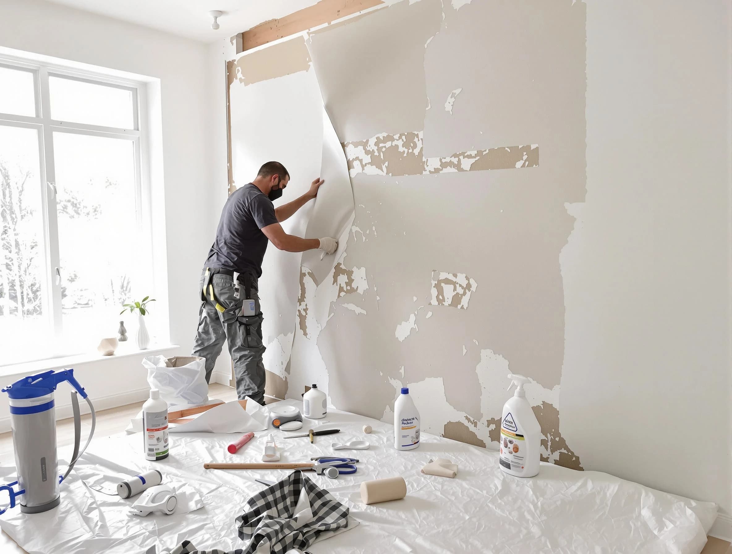 Mayfield Heights House Painters technician removing wallpaper in Mayfield Heights, OH